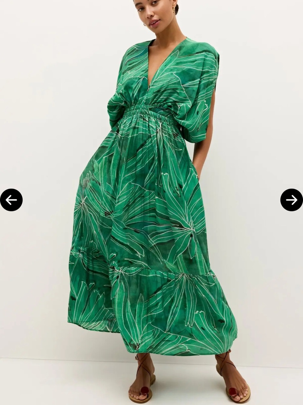 Marie Oliver Emerald Green Leaf-Print V-Neck Caftan Maxi Dress NWT